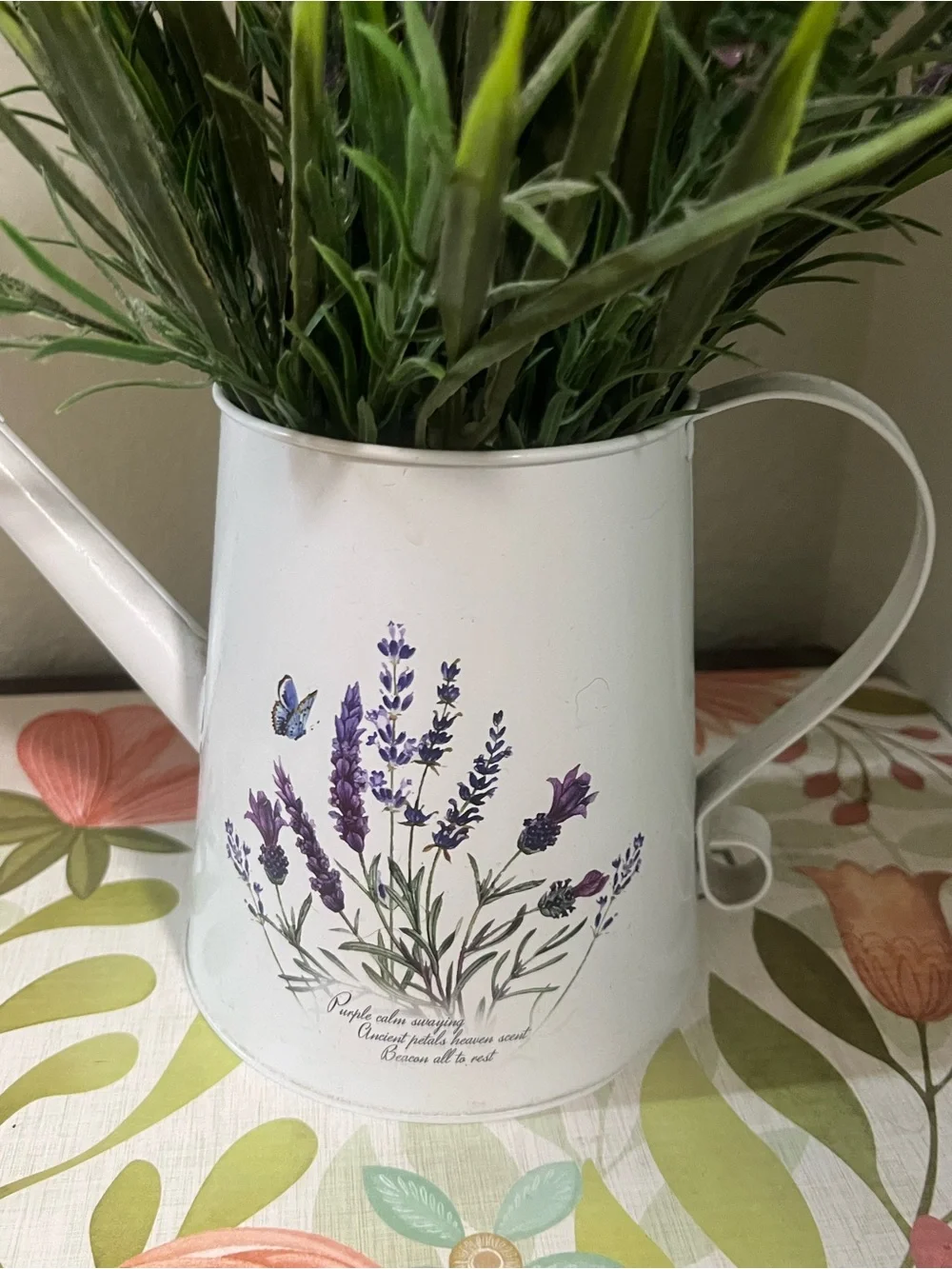 White Lavender Watering Can Vase with Purple Floral Spray - Home Accents#YC